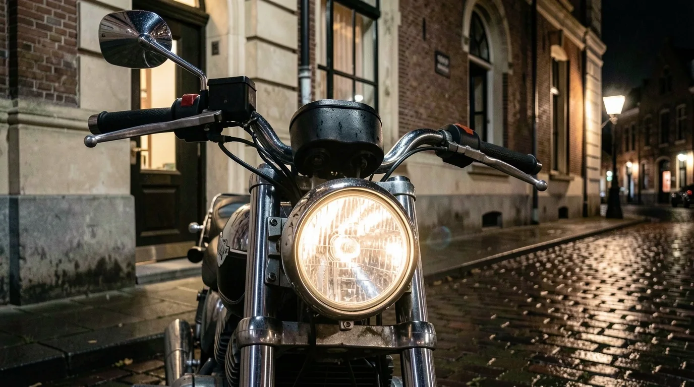 Motorfiets voor de werkplaats van Solvieras aan de Mariaplaats
