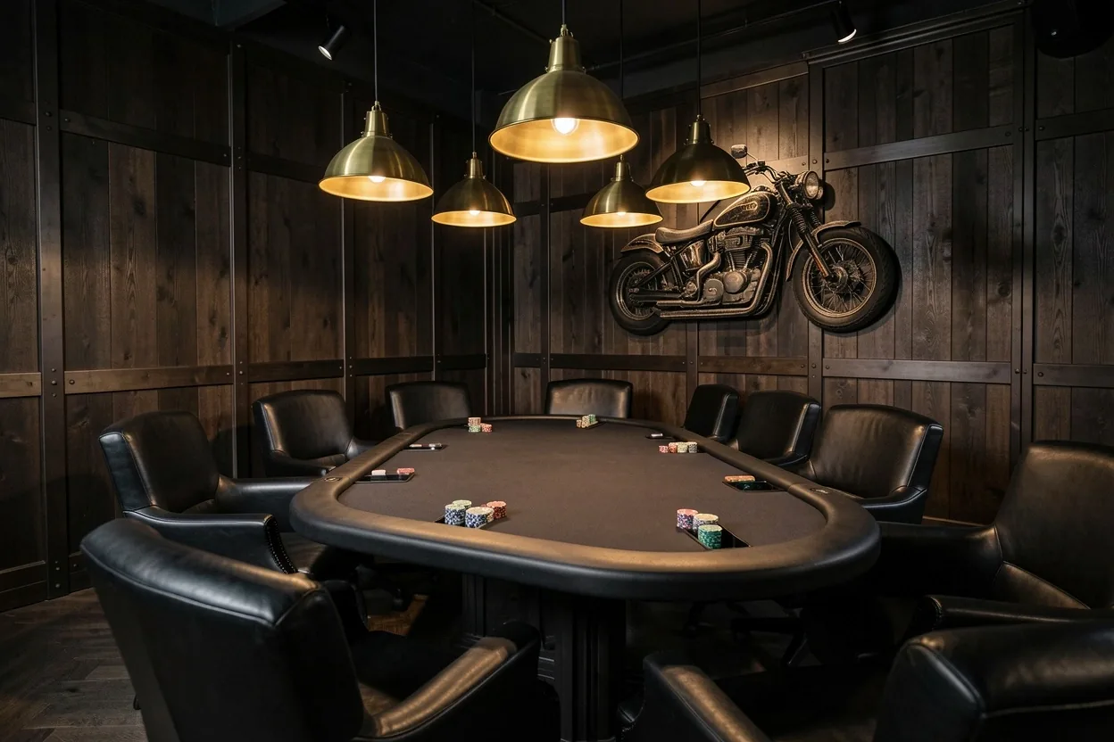 Exclusieve poker lounge met maatwerk tafels en gerichte verlichting