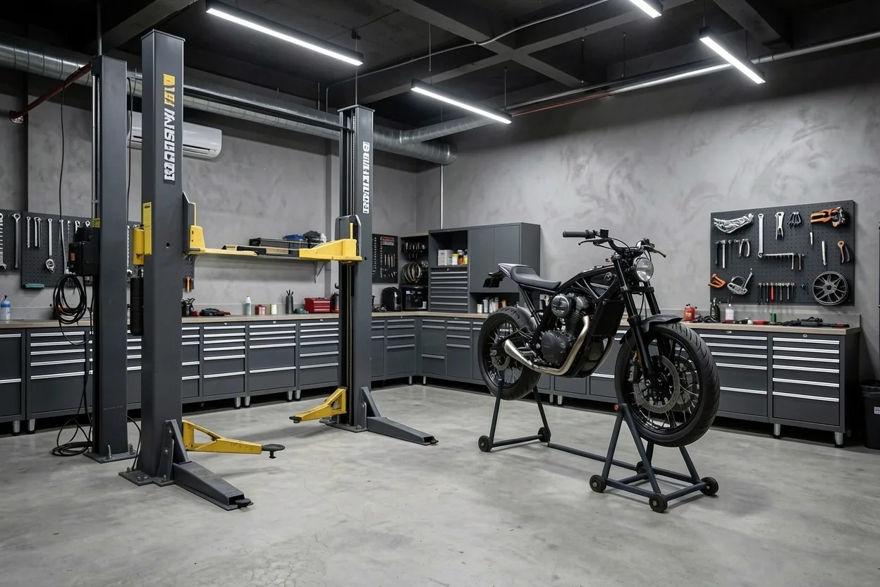 Professionele motorwerkplaats met hydraulische hefbruggen en gereedschapswanden